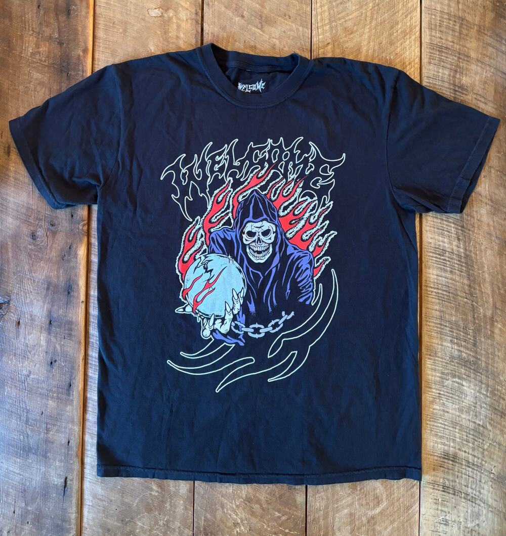 Welcome Black Graphic Tee Men’s Large Grim Reaper Skateboard Streetwear | NWOT